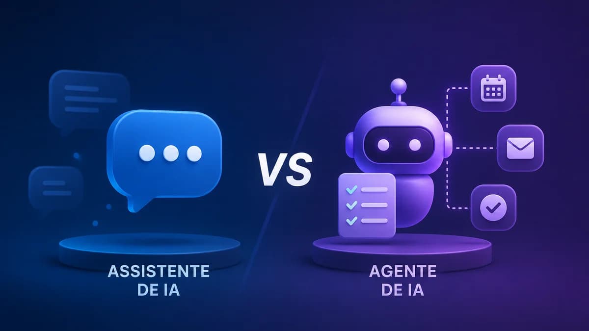 Ilustração comparando um assistente de IA e um agente de IA em uma interface digital