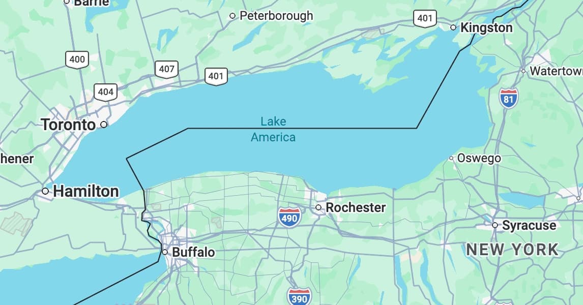 Mapa do Google Maps mostrando o nome Lake America em uma representação cartográfica