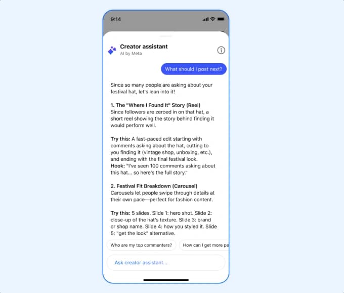 Tela do app Creator Studio da Meta com assistente de IA