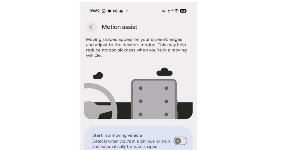 Tela do Motion Assist no Android 17, com pontos visuais na tela para reduzir enjoo durante viagens