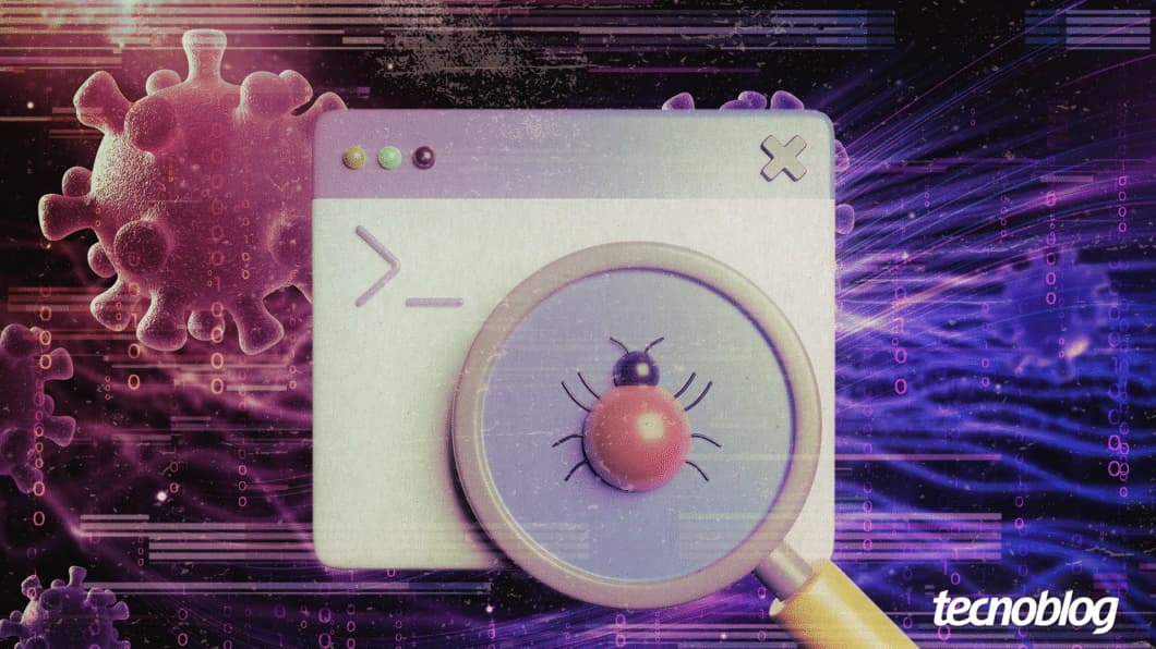 Ilustração de uma janela de terminal com códigos, uma lupa e um inseto vermelho representando malware