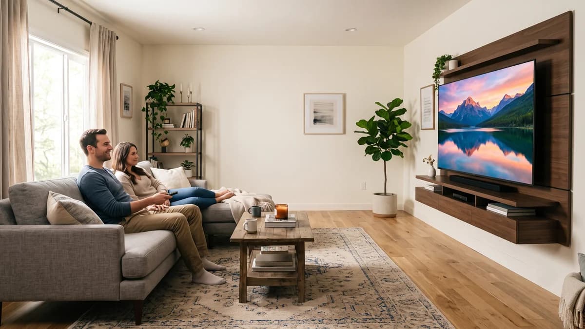Televisão de tela grande em uma sala de estar, representando a evolução das telas digitais