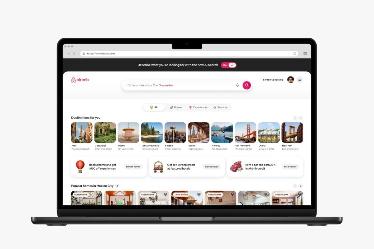 Tela de busca com inteligência artificial do Airbnb