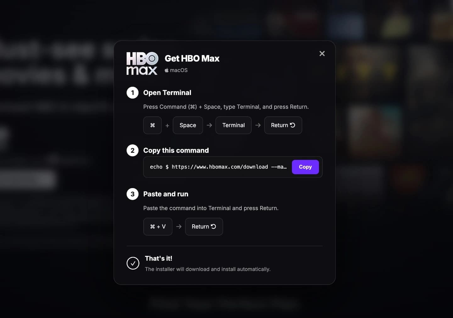 Pagina falsa do HBO Max exibindo instrucoes maliciosas do ataque ClickFix