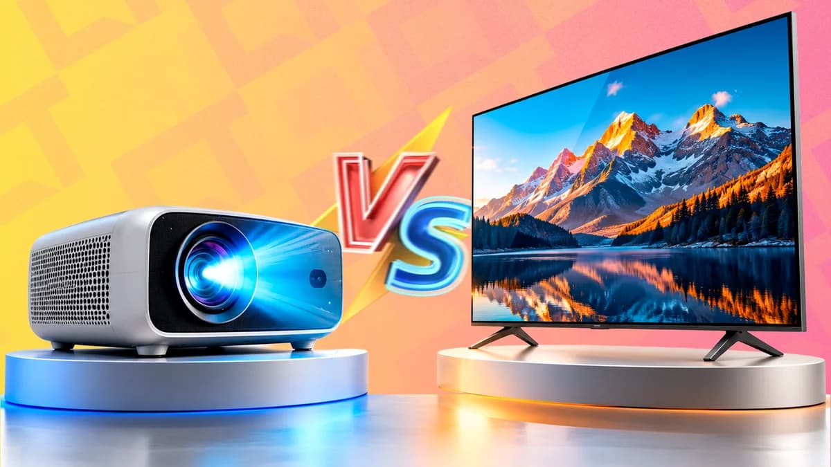 Projetor 4K e smart TV comparados em uma sala clara durante teste de imagem