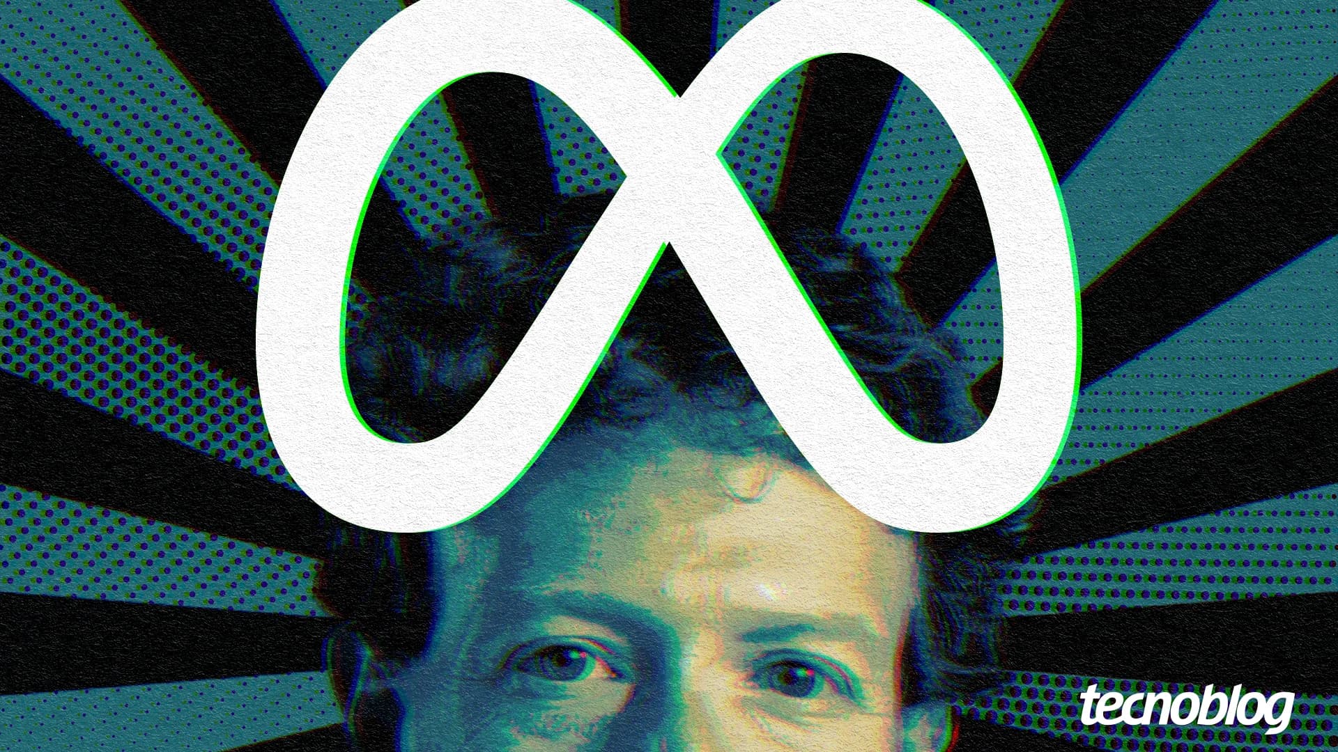 Arte com a logomarca da Meta ao centro e o rosto de Mark Zuckerberg abaixo
