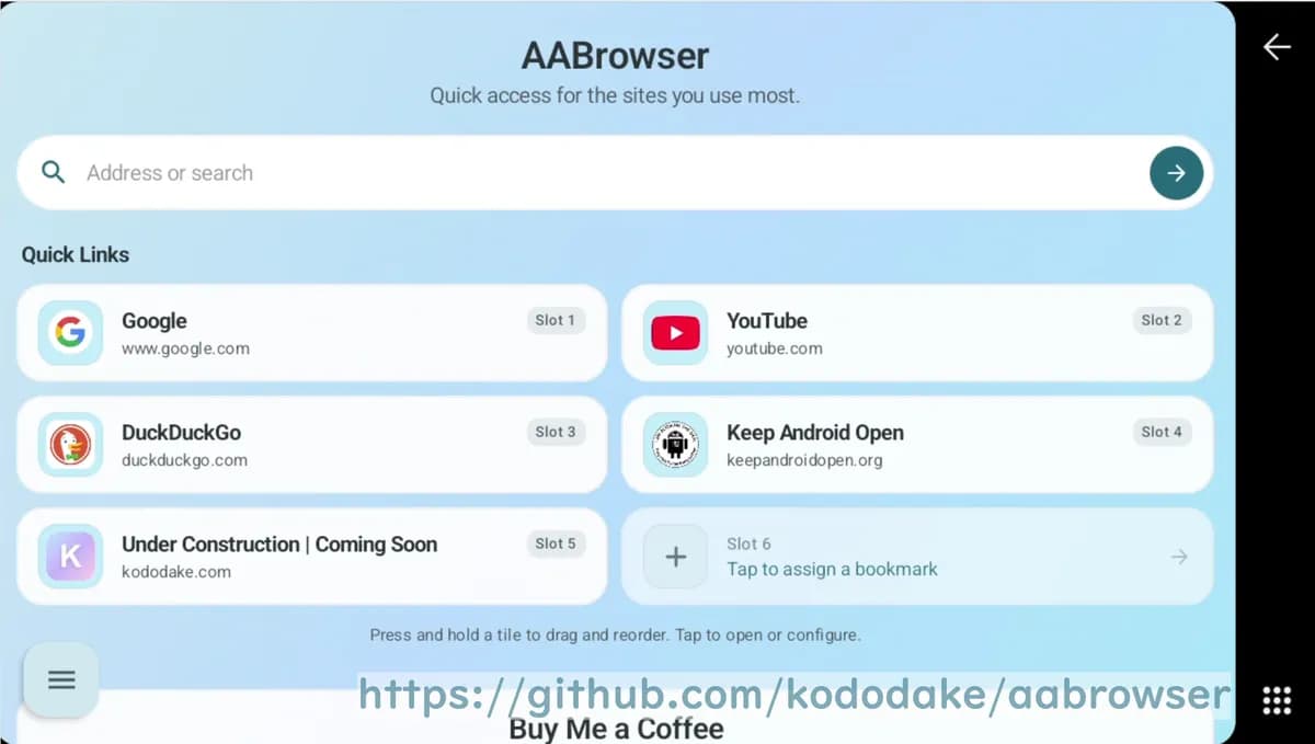 Navegador AA Browser em execução no Android Auto