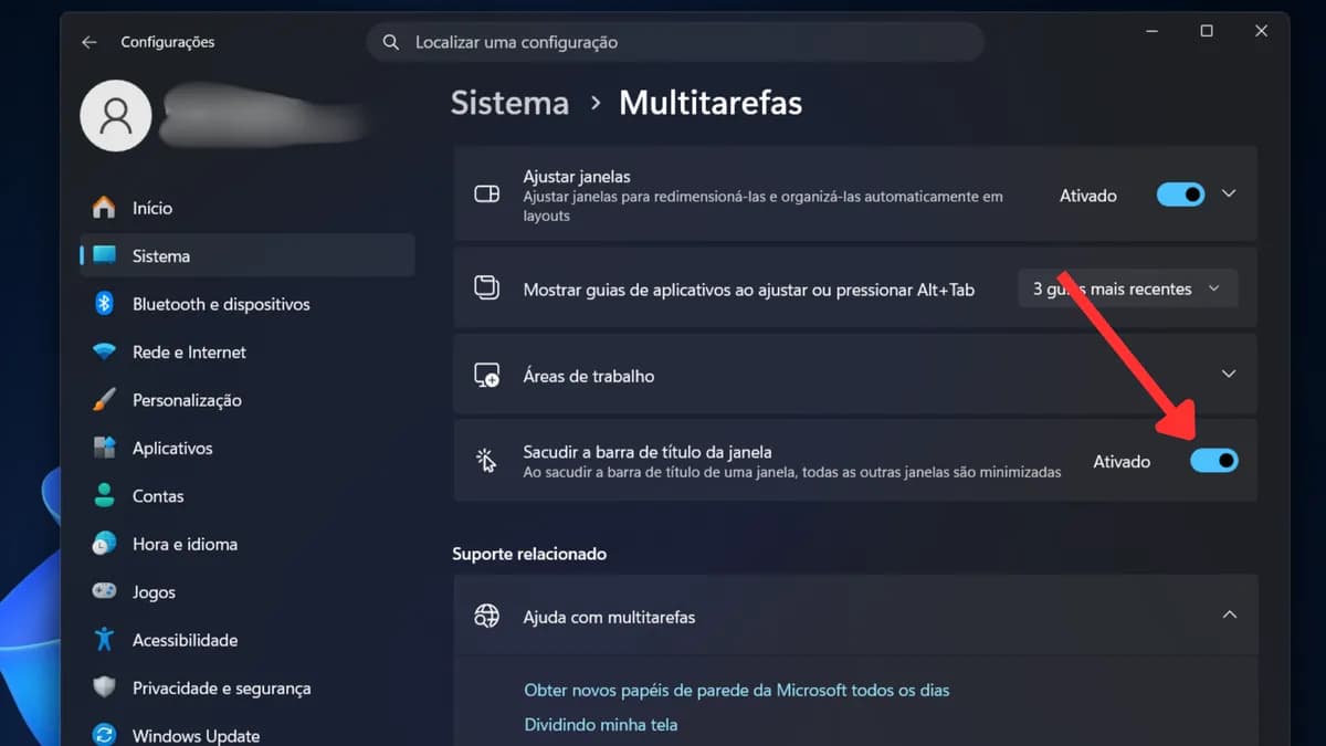 Configuração do Aero Shake no Windows 11 para minimizar várias janelas com um gesto