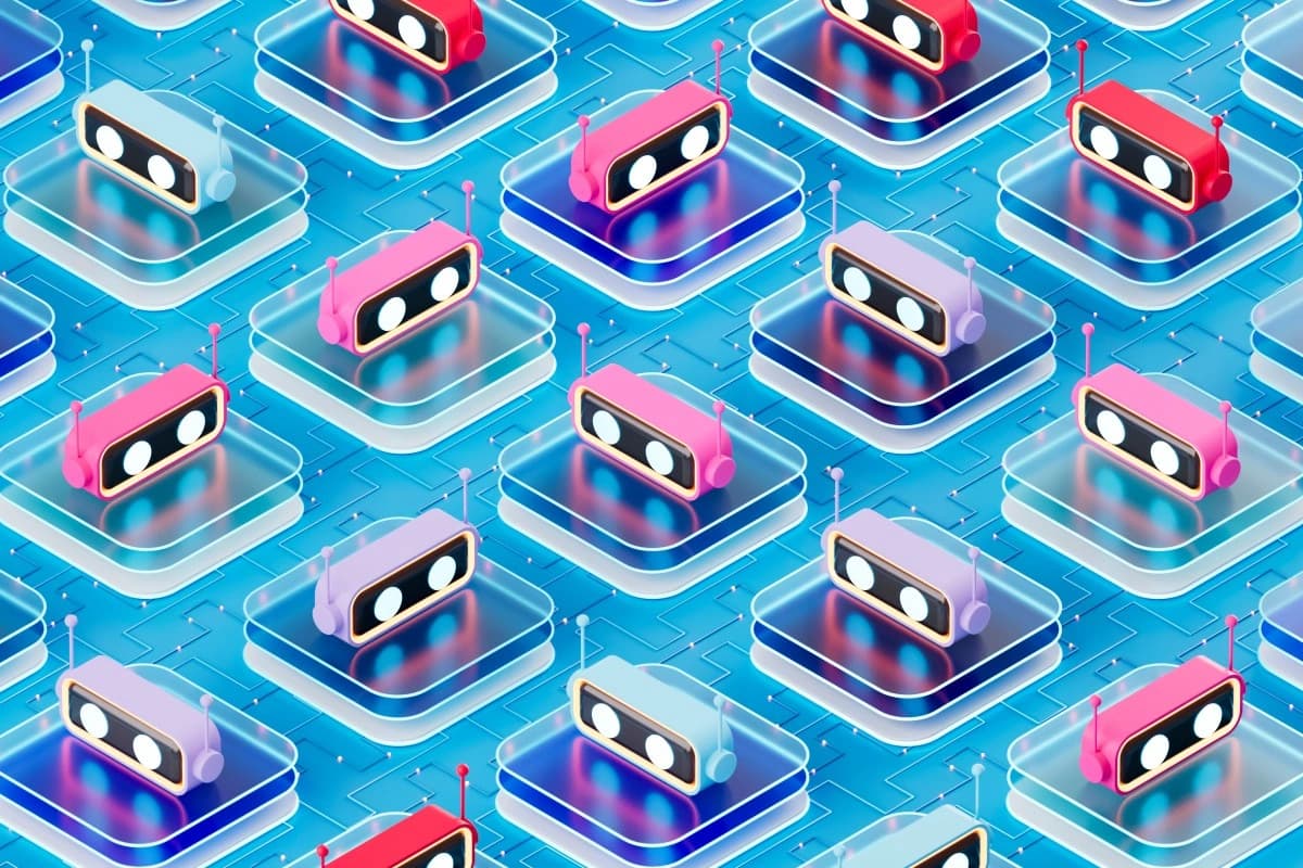 Ilustração de assistentes de inteligência artificial em blocos translúcidos