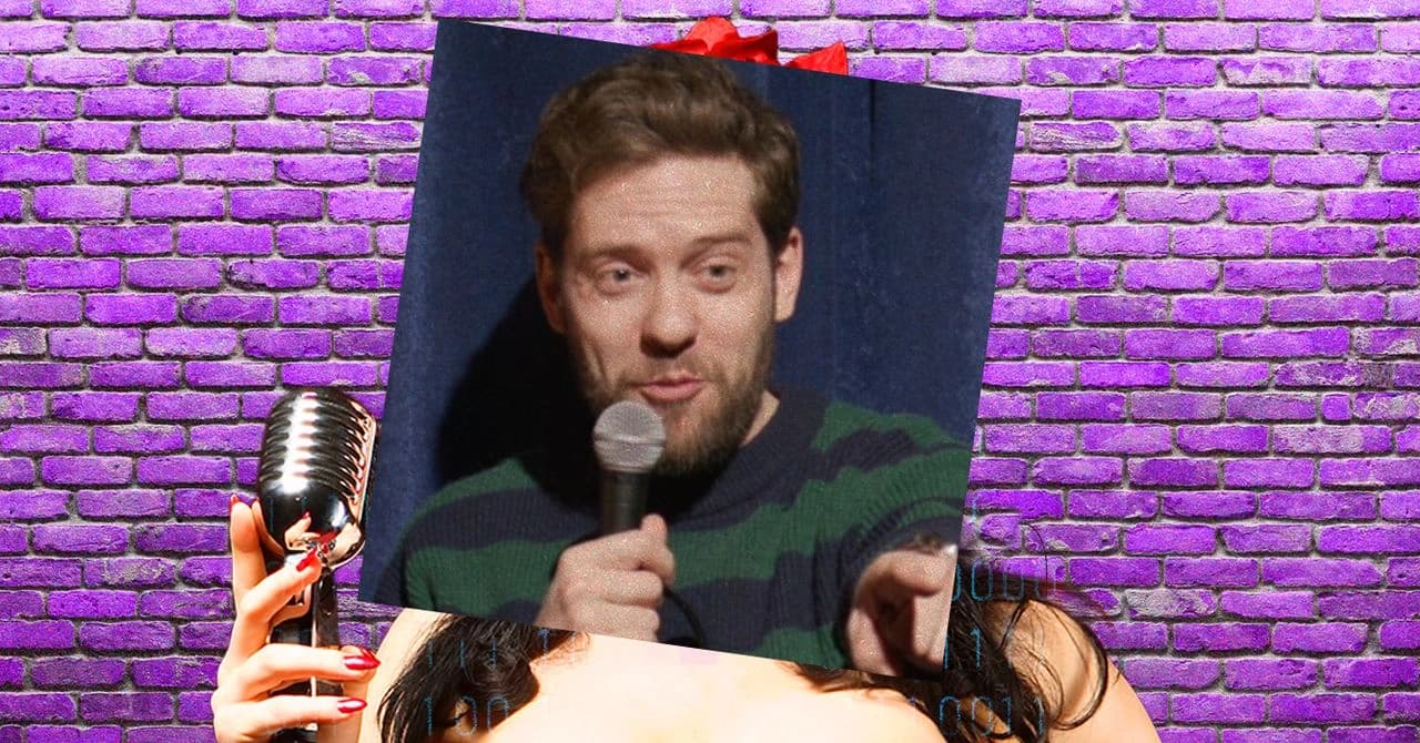 Ilustração de uma comediante ao lado de uma personagem feminina gerada por inteligência artificial