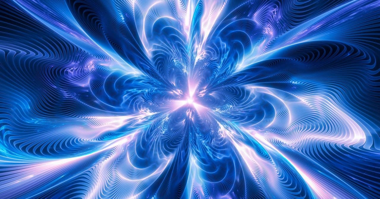 Ilustração de uma partícula de antimatéria cercada por ondas de luz rosa e azul