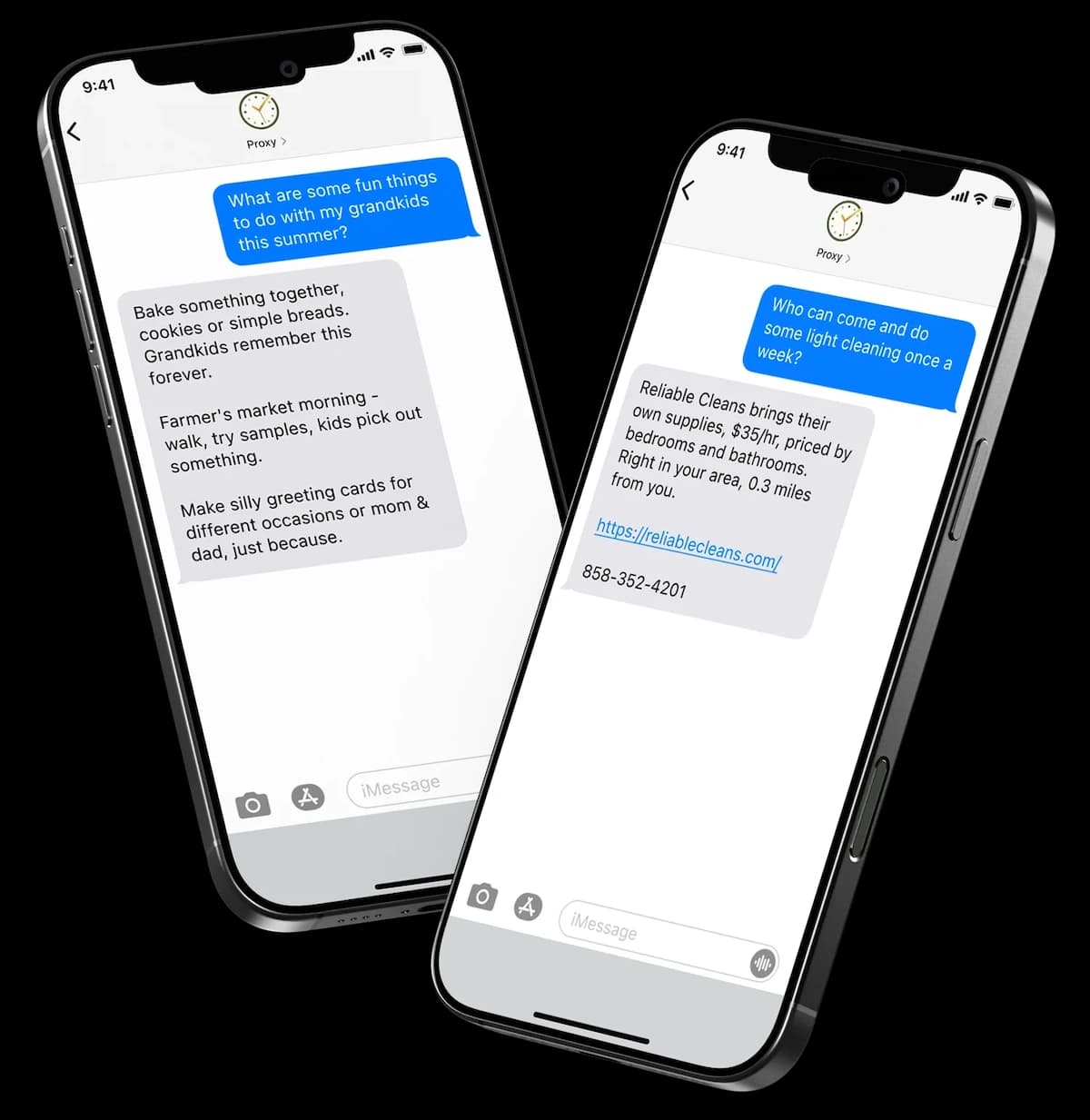 Dois iPhones exibem conversas de texto com o agente de inteligência artificial AskProxy
