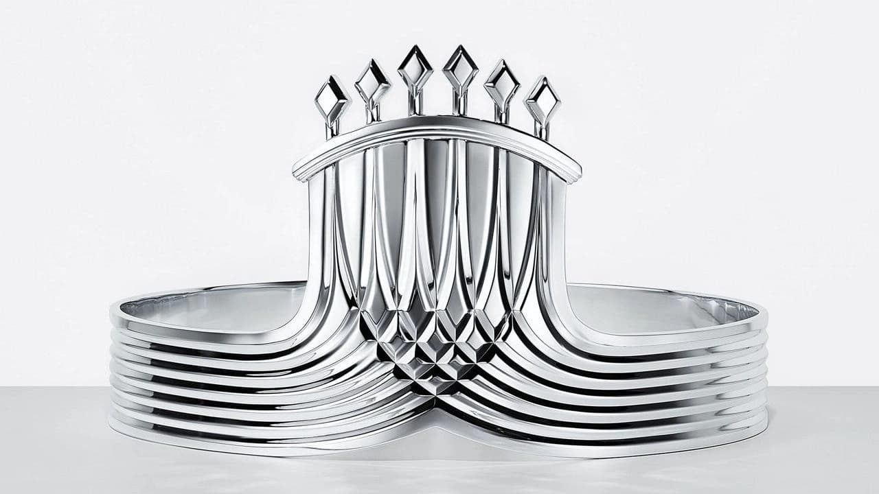 Coroa prateada com detalhes geométricos, imagem usada para ilustrar o chip de autenticação da Veritas em troféus