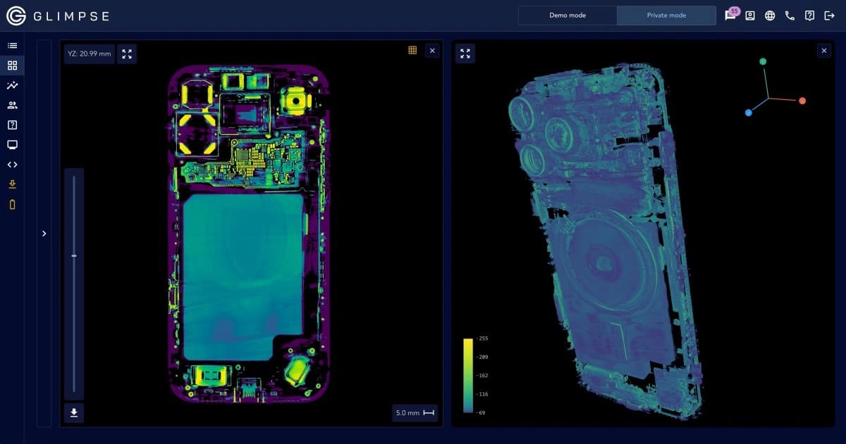 Imagem de tomografia mostrando o interior de um iPhone no sistema da Glimpse