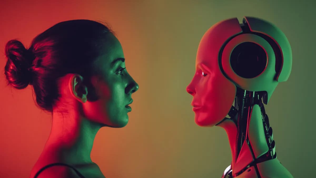 Pessoa interagindo com uma representação digital de inteligência artificial