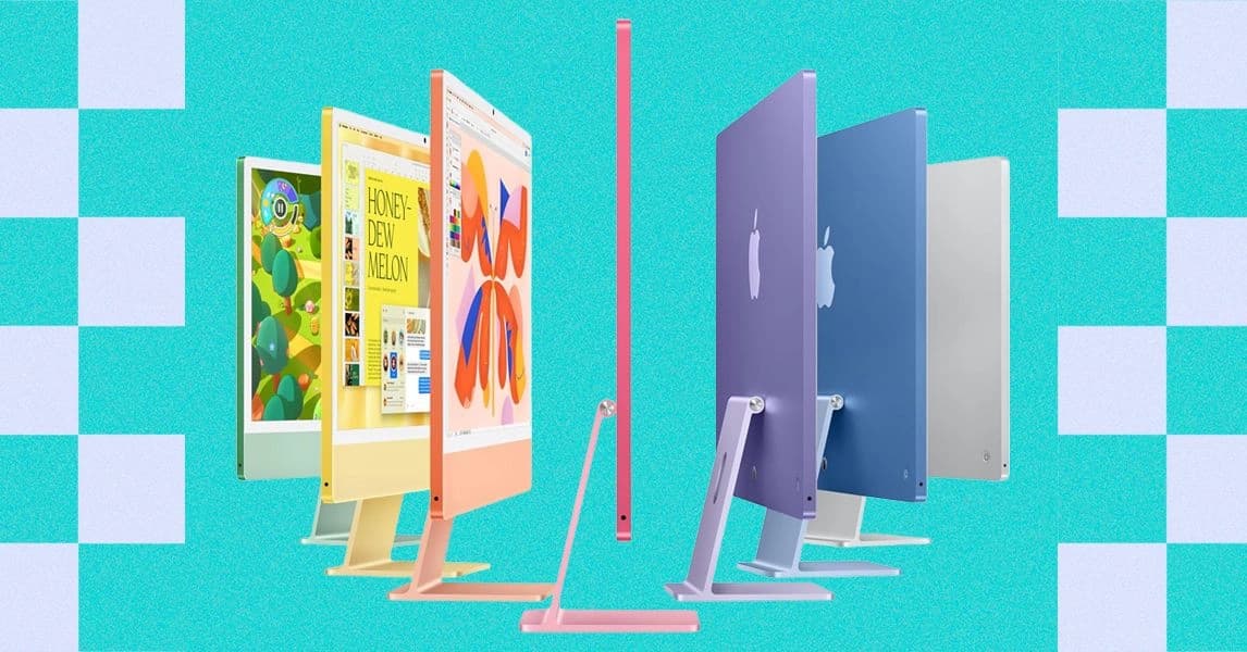 Computadores desktop da Apple apresentados em uma composição de guia de compras