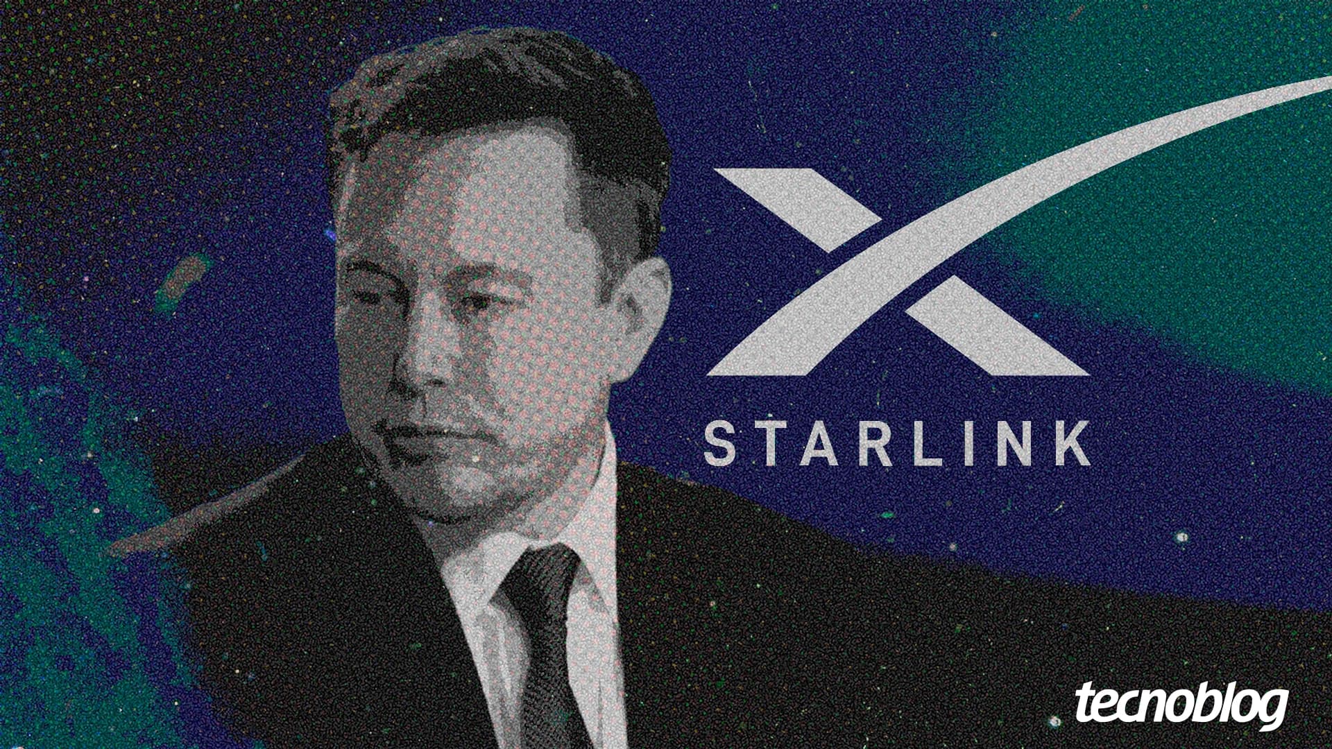 Montagem em preto e branco com Elon Musk ao lado da marca Starlink, representando conexão via satélite com celulares