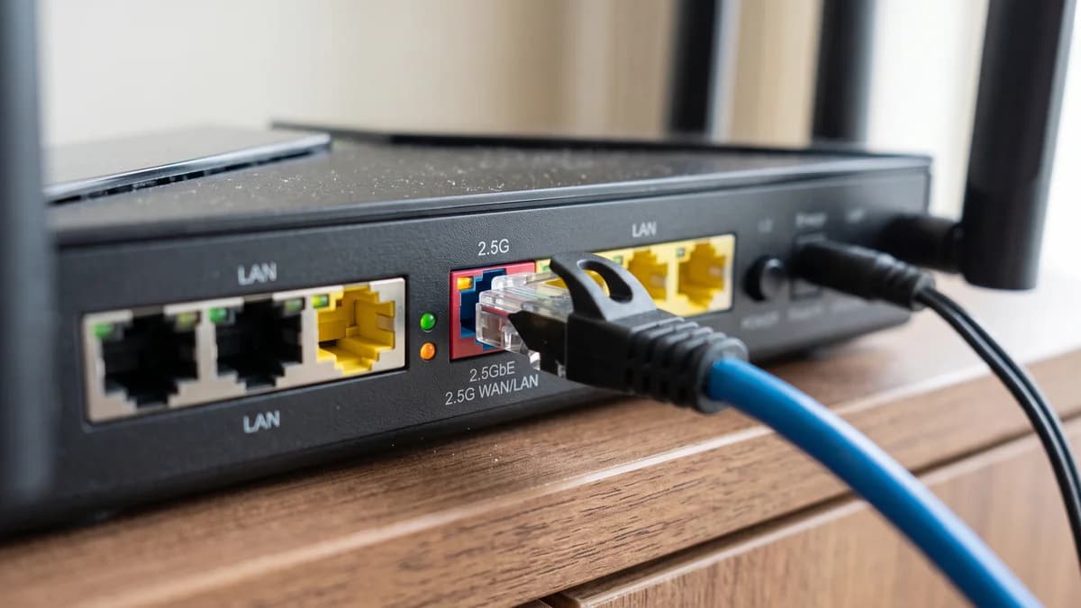 Roteador com porta Ethernet 2.5G, destacada para conexões de rede mais rápidas