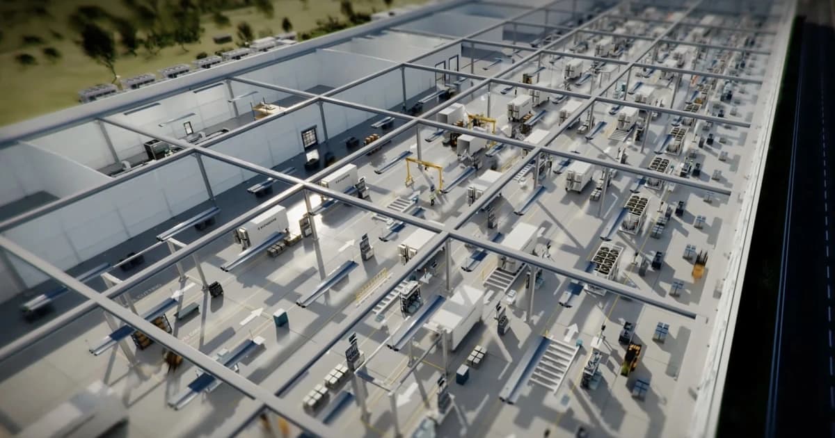 Interior da fábrica da Runware onde são montados data centers modulares para inteligência artificial