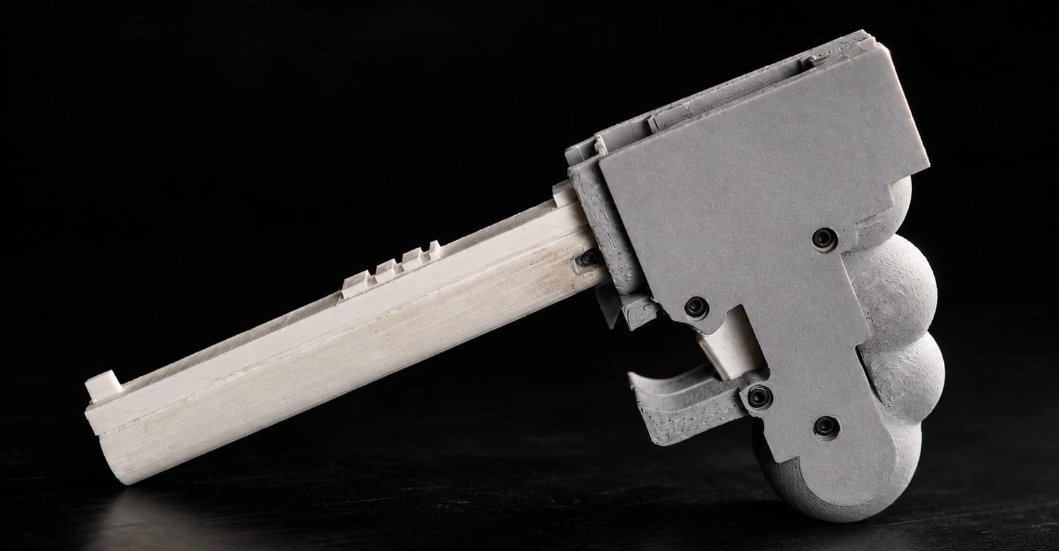 Protótipo de arma impressa em 3D associado à demonstração de projeto gerado por IA