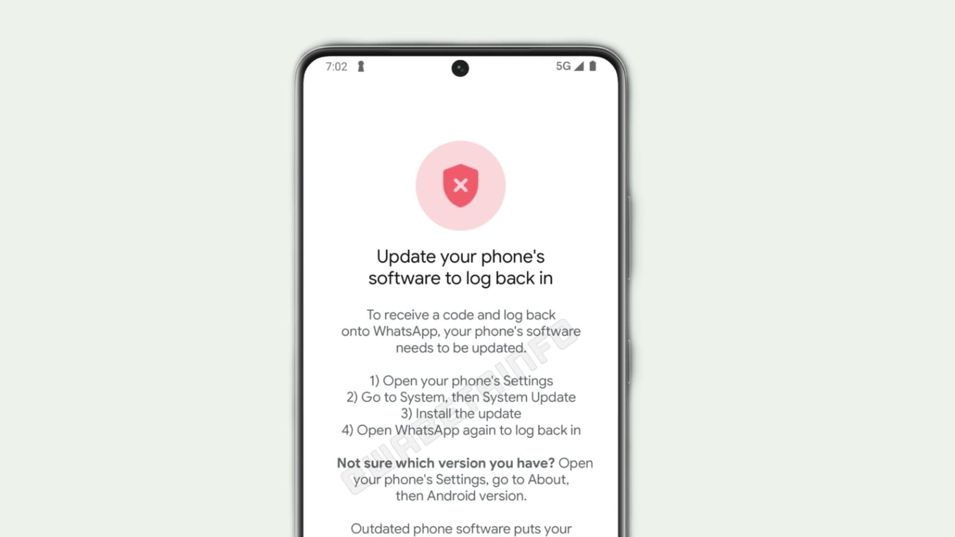 Captura de tela do WhatsApp com aviso para atualizar o sistema do celular