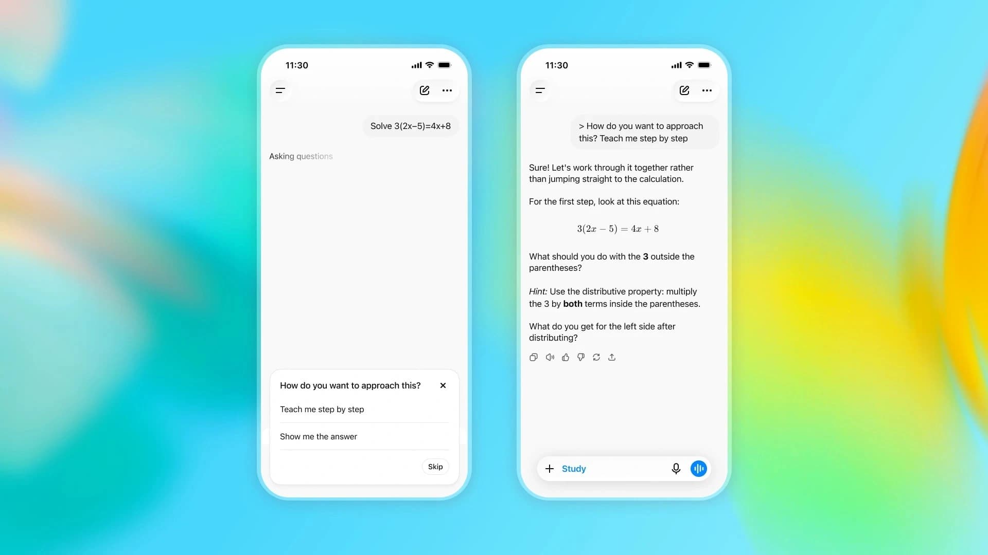 Tela do ChatGPT com interface do modo estudo para adolescentes