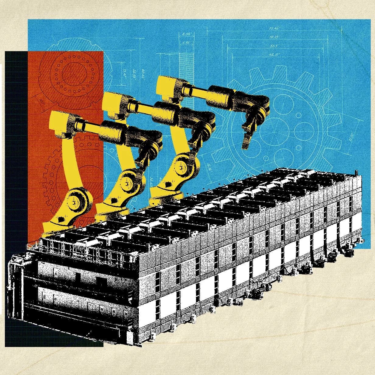 Ilustração de braços robóticos sobre um data center