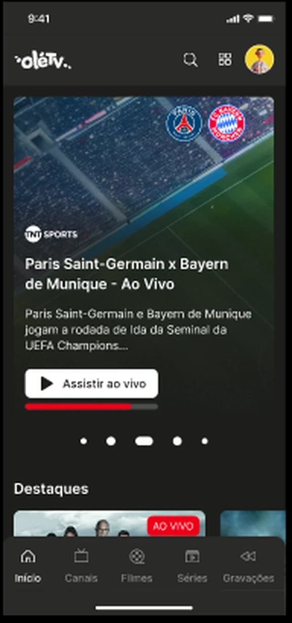 Home do app OléTV no celular