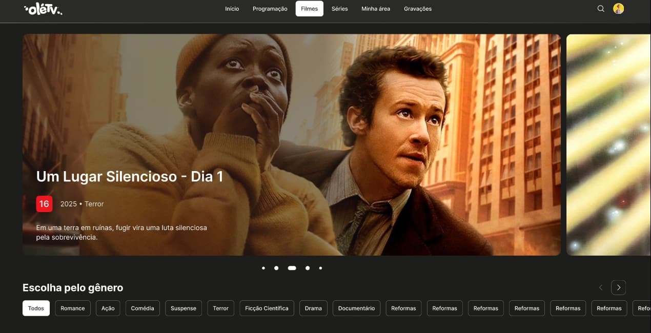 Catálogo de filmes e séries do app OléTV na web
