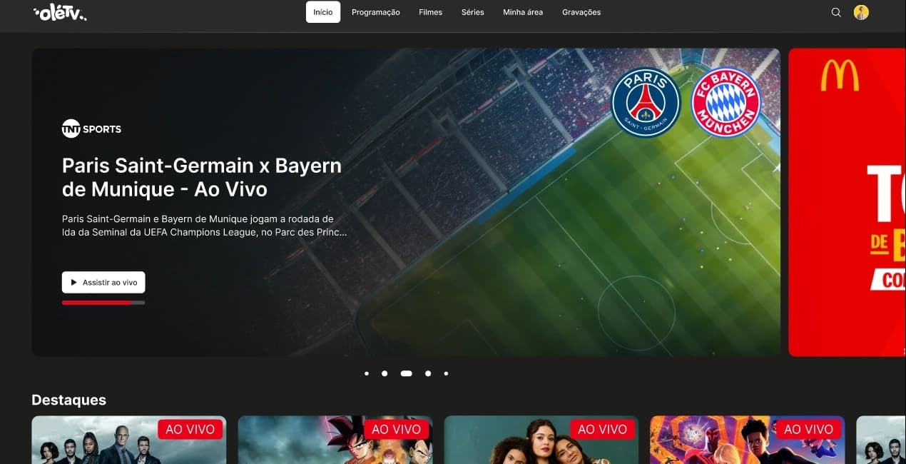 Home do app OléTV na web
