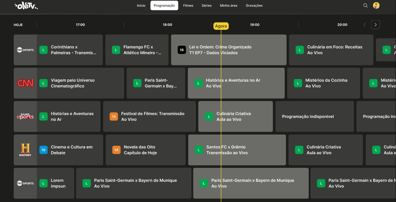 Guia de programação do app OléTV na web