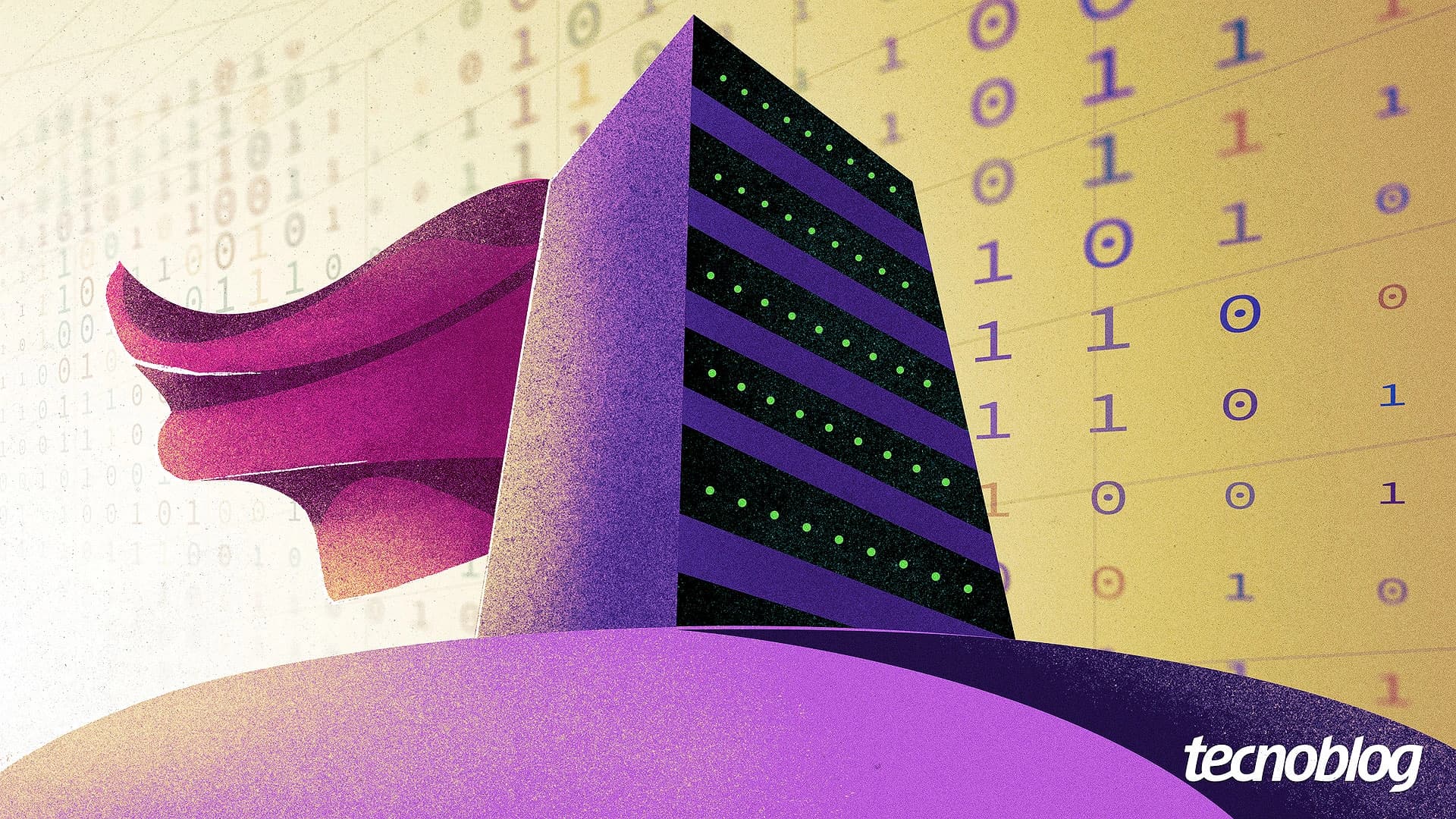 Ilustração de um servidor de data center com elementos de inteligência artificial e código binário