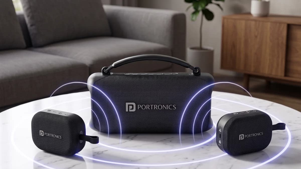 Caixa de som modular Portronics AuraTrio com unidade principal e dois satélites removíveis