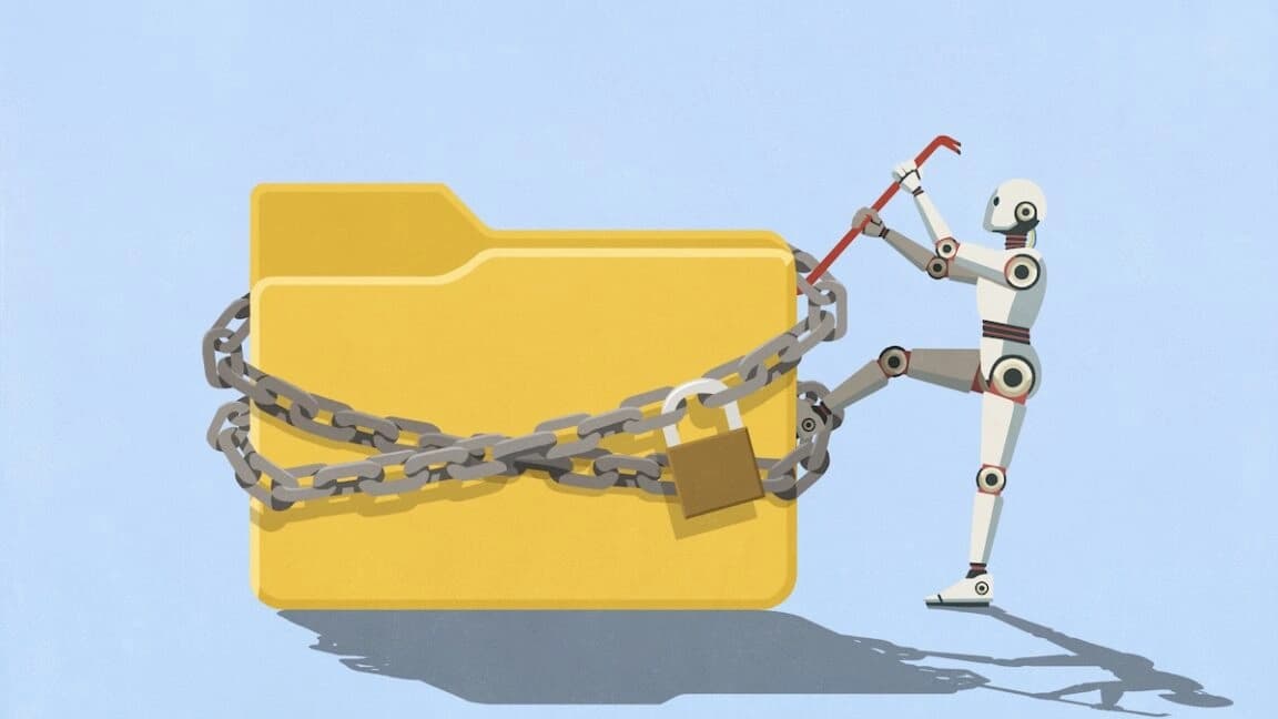 Ilustração de um robô removendo a trava de um arquivo digital