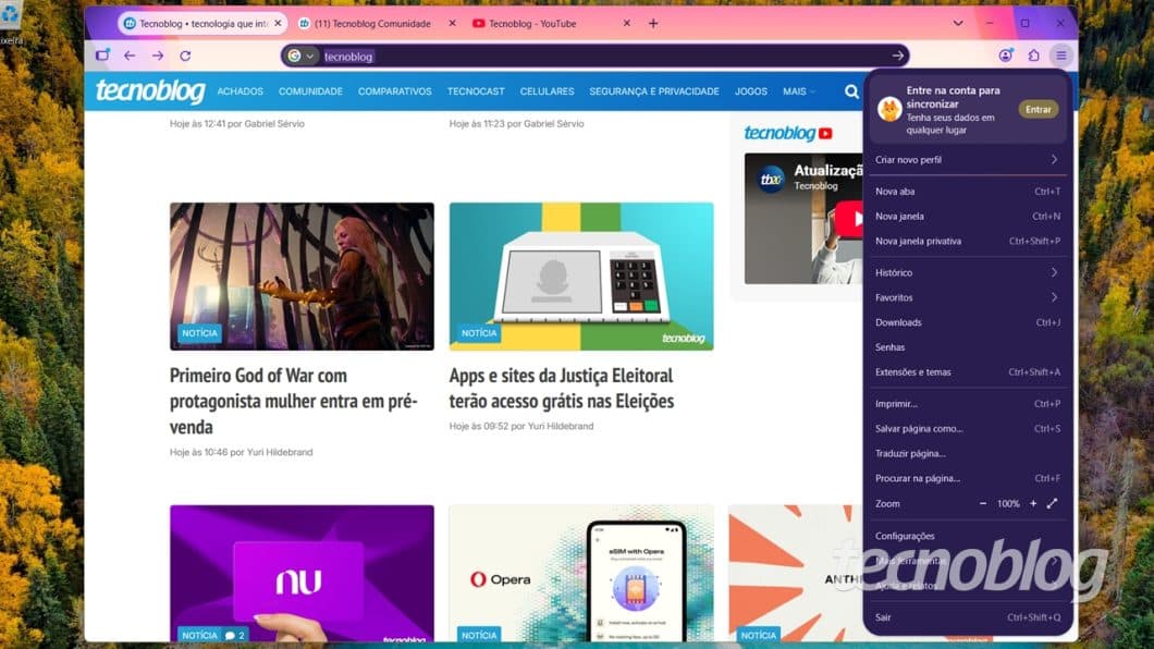 Tela do novo Firefox aberto no Windows 11 com o modo compacto ativado