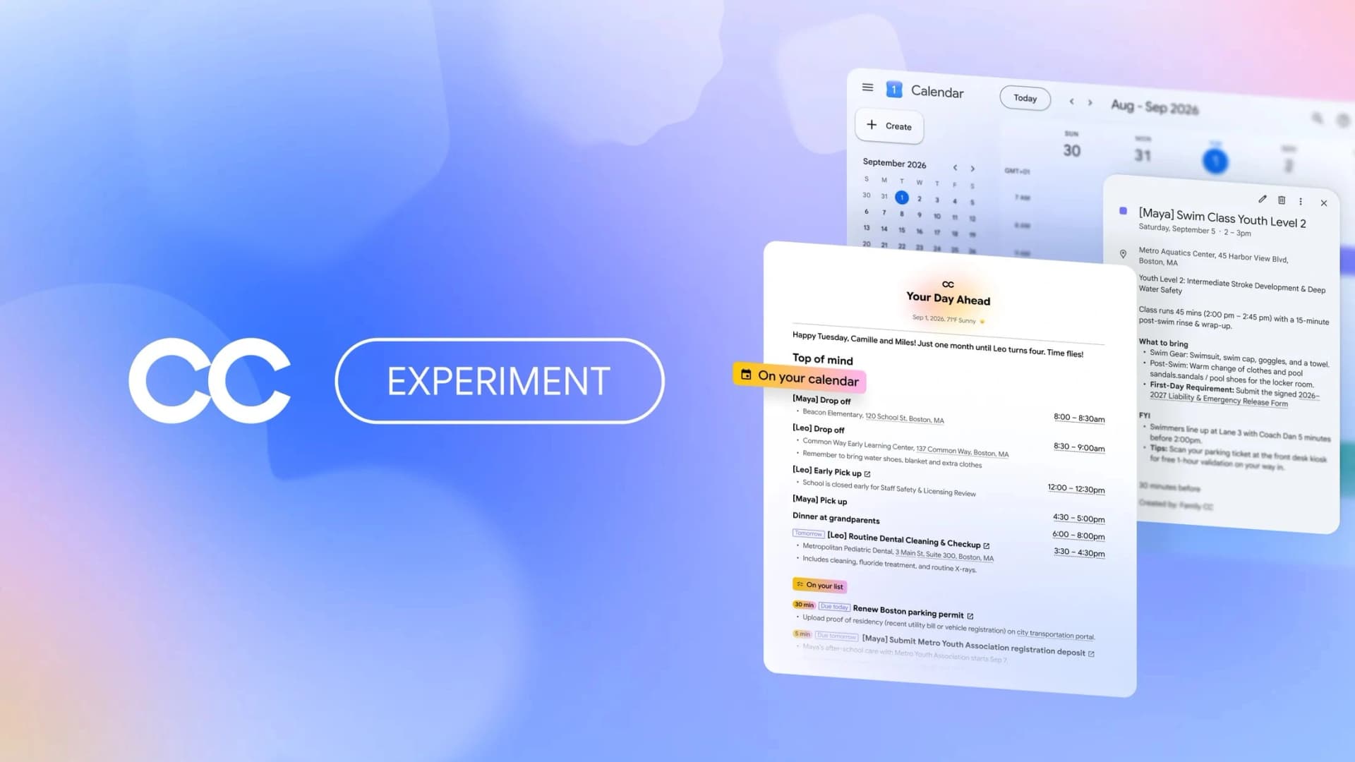 Interface do agente CC do Google mostrando organizacao de tarefas familiares com IA