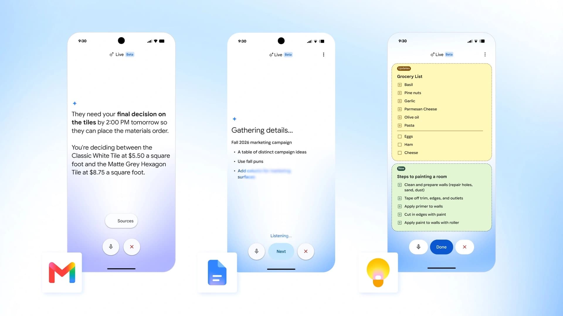 Imagem de divulgação dos recursos Gmail Live, Docs Live e Keep Live do Google