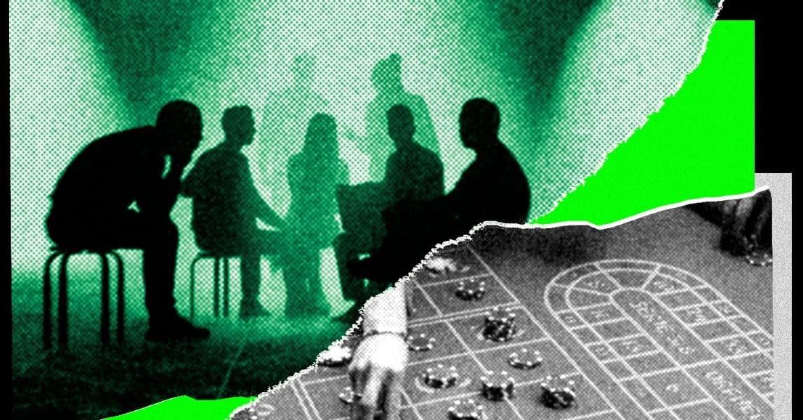 Colagem de pessoas em uma sala escura e pessoas jogando em um cassino