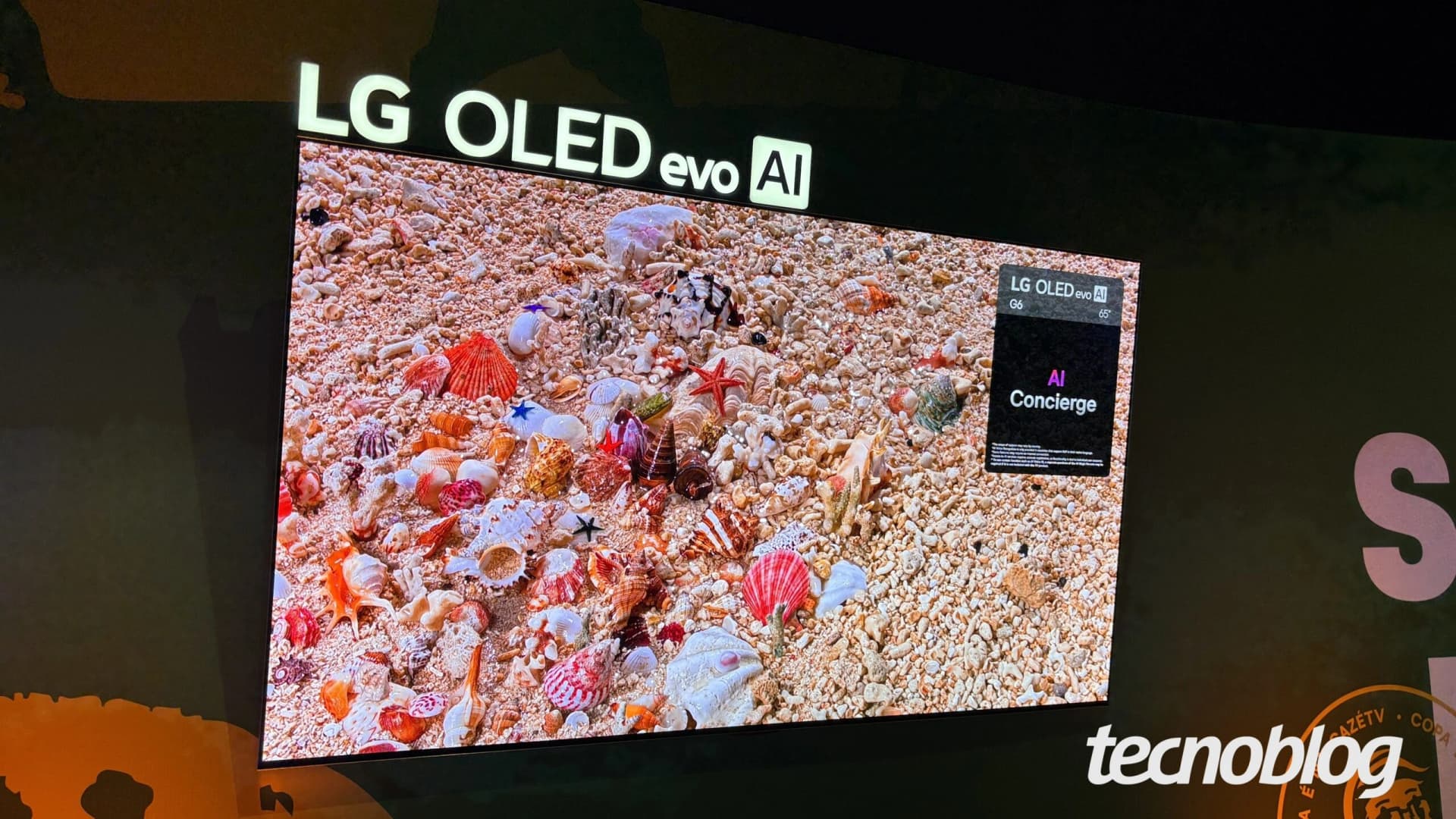 Smart TV LG OLED evo G6 em demonstração, modelo citado em reportagem sobre privacidade e microfones.