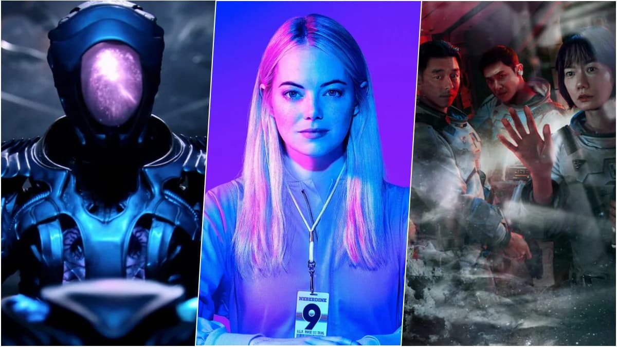 Colagem com cenas de seis séries de ficção científica disponíveis na Netflix