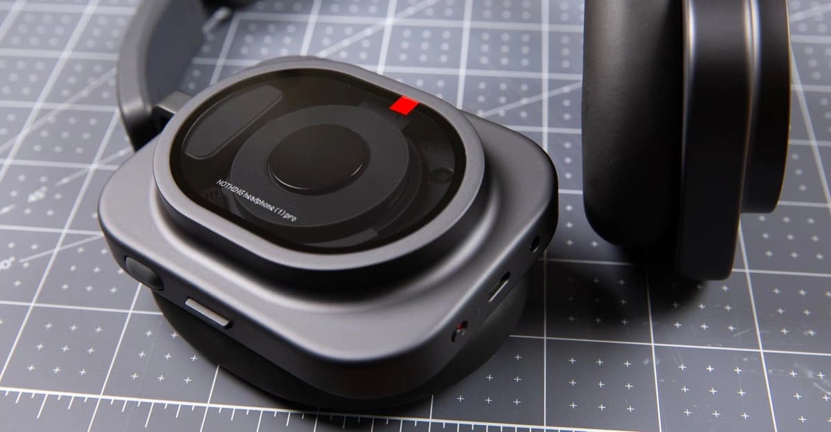 Fones de ouvido Nothing Headphone 1 Pro sobre uma superfície escura, vistos de cima