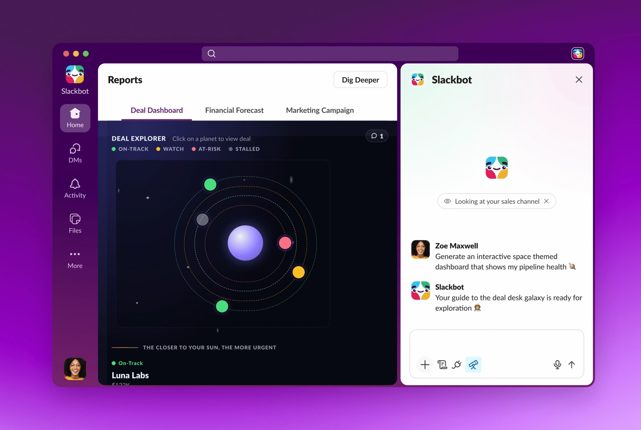 Tela do Slack com um painel interativo criado pelo recurso Slackforce Surfaces