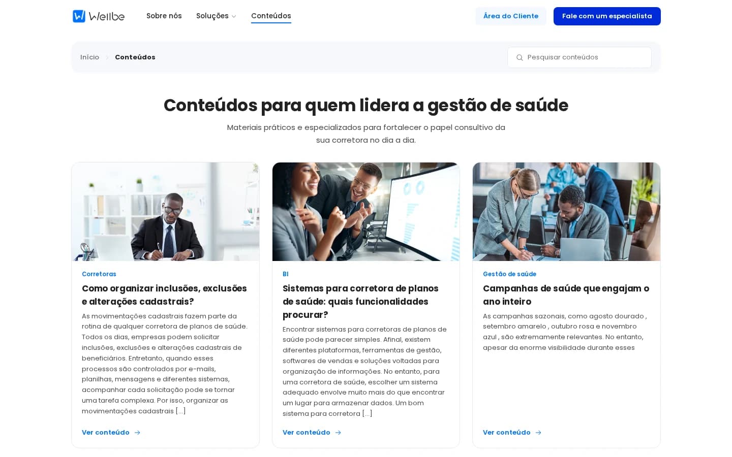 Página de Conteúdos da Wellbe com cards de artigos para quem lidera a gestão de saúde