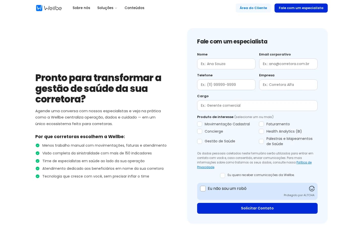 Página Fale com um especialista da Wellbe com formulário de contato e produtos de interesse