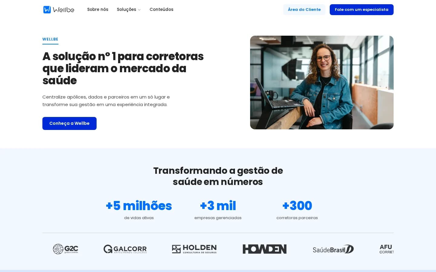 Home do site Wellbe com chamada para corretoras de saúde, números de vidas, empresas e corretoras parceiras