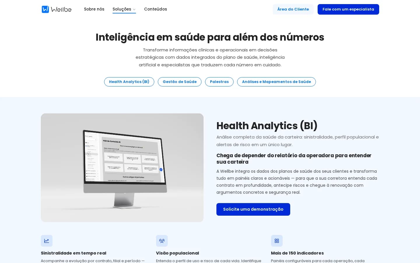 Página de Soluções Gestão de Saúde da Wellbe com a seção de Health Analytics e indicadores