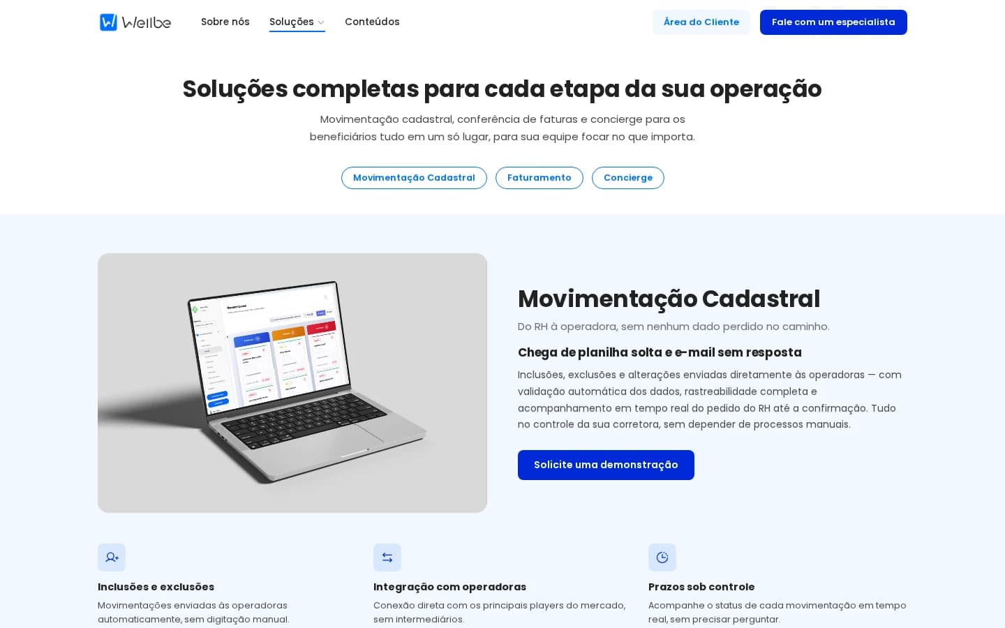 Página de Soluções Operacional da Wellbe com a seção de Movimentação Cadastral e imagem de notebook