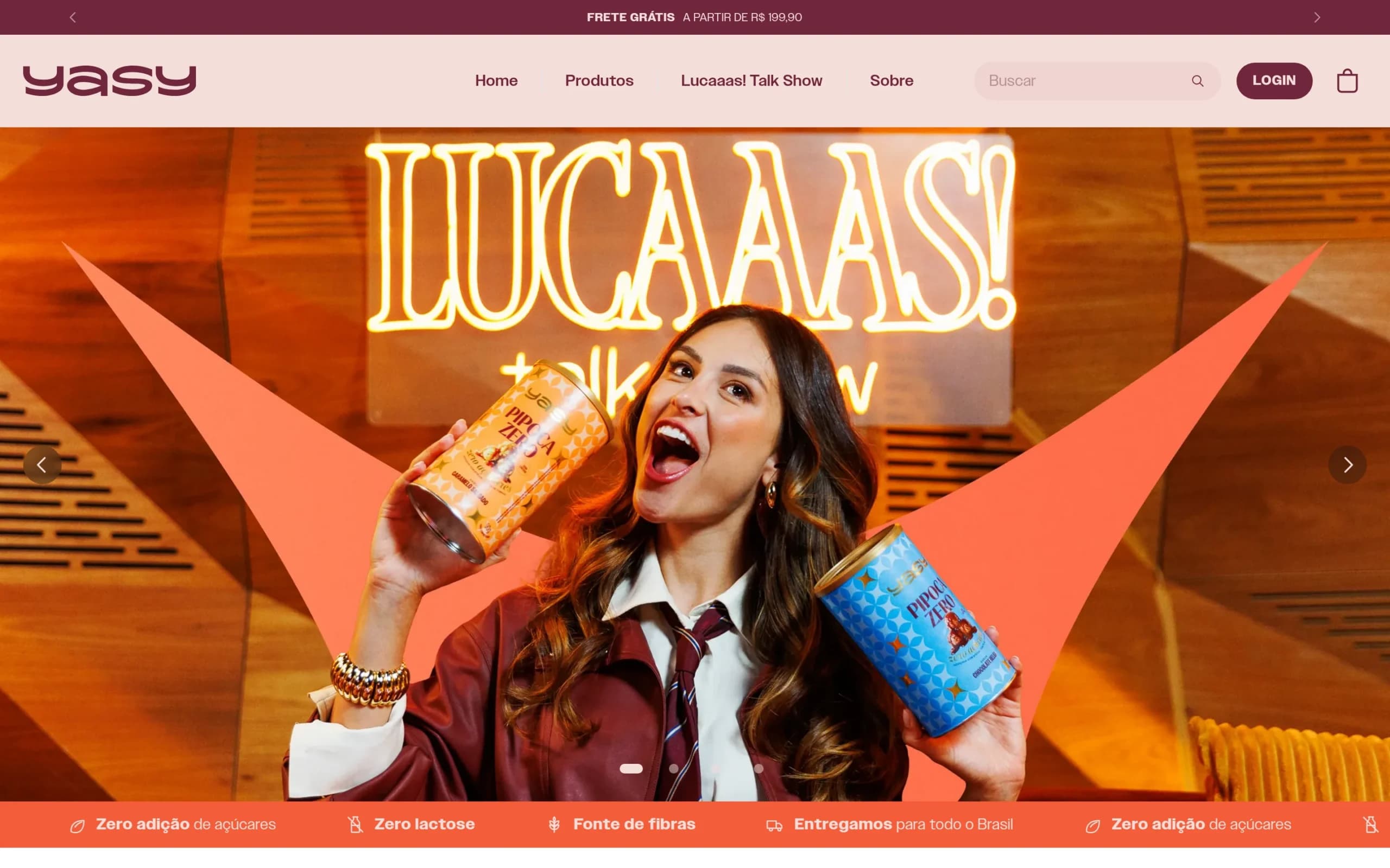 Home da loja Yasy na Shopify com Yasmin Castilho segurando latas de pipoca zero açúcar