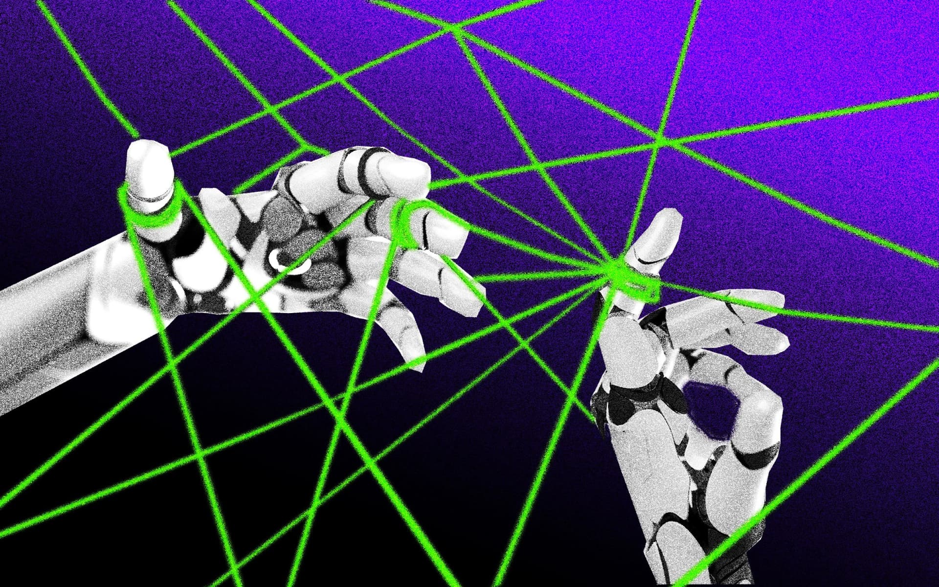 Duas mãos robóticas presas em uma teia, ilustração sobre segurança em inteligência artificial