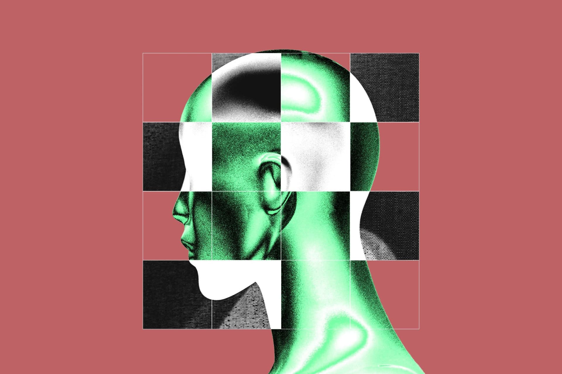 Rosto de manequim coberto por pixels, em uma imagem sobre deepfakes e privacidade